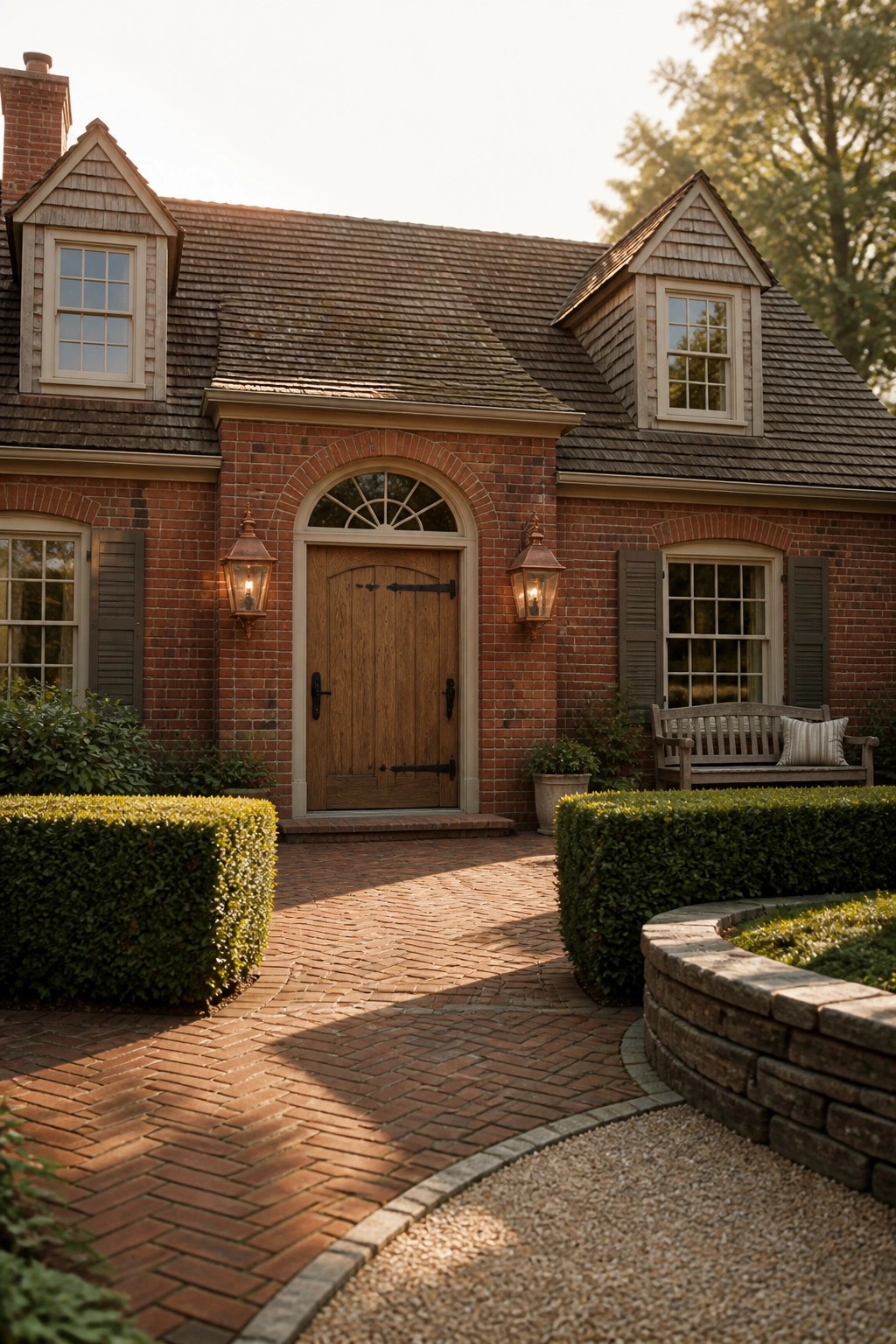 A red brick house facade with a wooden front door centered under a brick arch, flanked by two wall lanterns and shuttered windows.