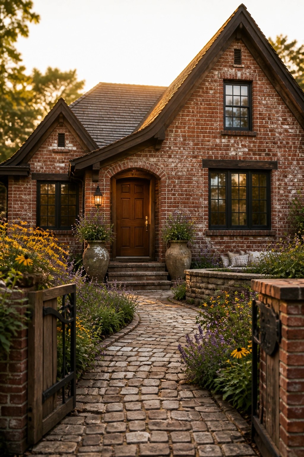 A red brick farmhouse exterior with a centered arched wooden door, cobblestone walkway, and garden plantings on either side.
