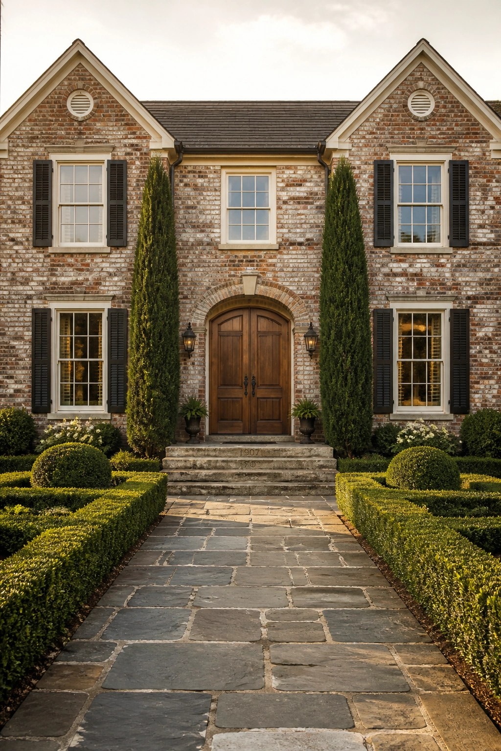 Front view of a symmetrical two-story brick house with two gabled ends, black shutters, a central arched brick entry with wooden double doors, stone steps, and a flagstone walkway flanked by tall evergreens and low shrubs.
