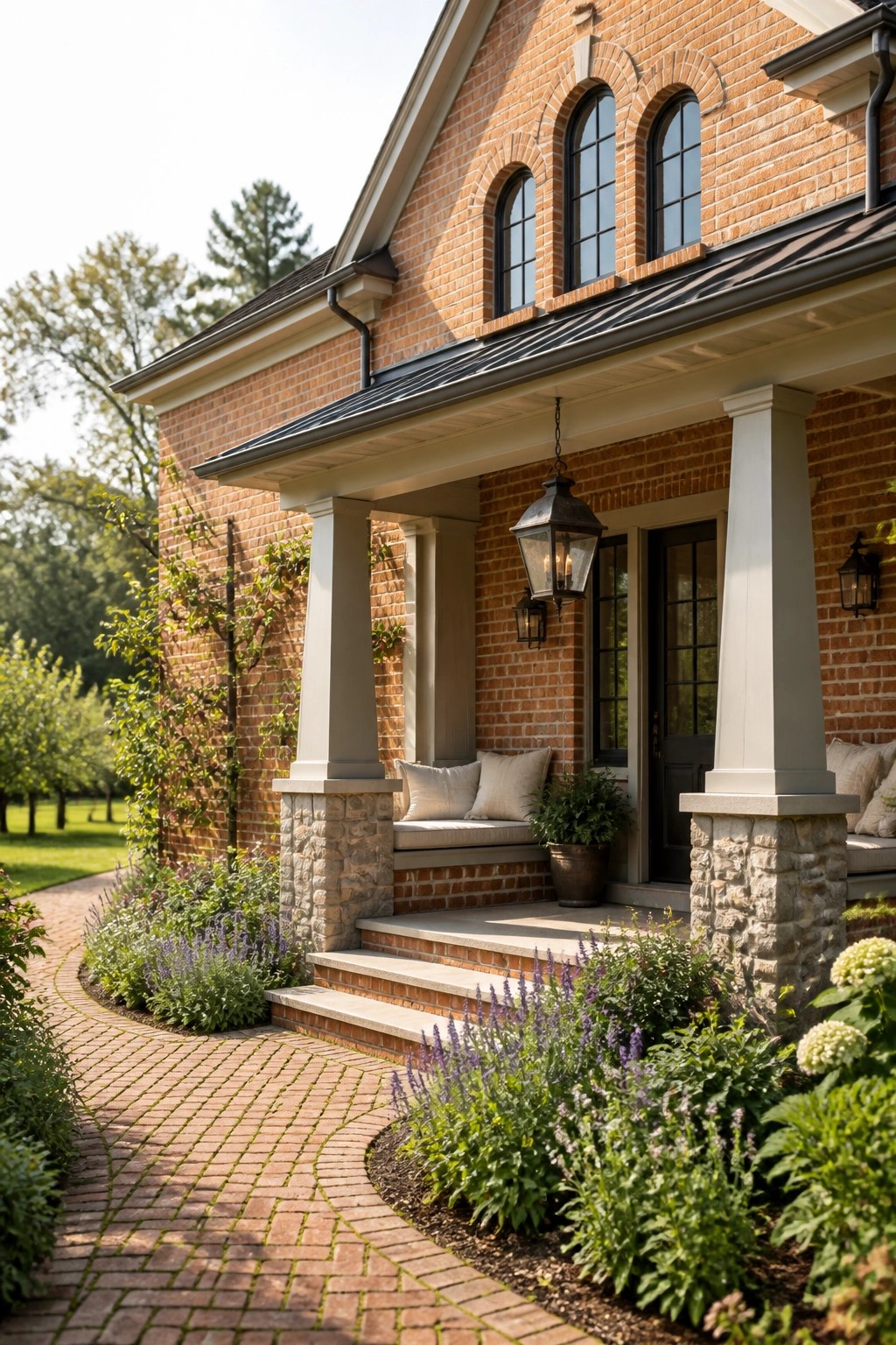 Red brick house with white columns, arched windows, brick steps, and flower-lined path