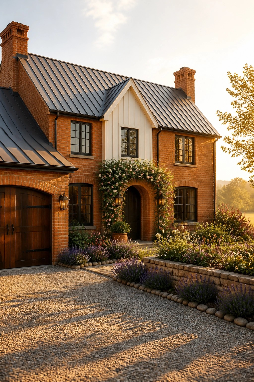A two-story red brick farmhouse with dark metal roofing, multiple gables, an arched entryway with climbing roses, and a gravel driveway bordered by lavender.