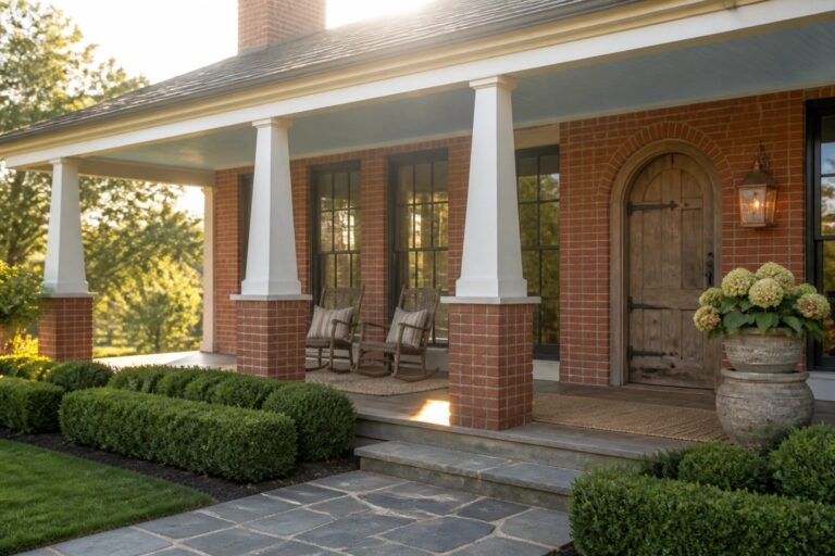 19 Timeless Brick Farmhouse Exterior Ideas for Lasting Curb Appeal A brick farmhouse front porch with two wooden rocking chairs, a wooden door under an arched brick opening, and large potted plants near the steps.