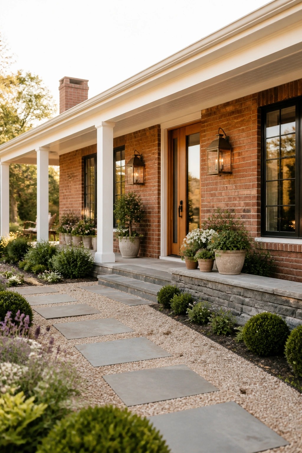 Front view of a red brick farmhouse with white columns, a covered porch, and a gravel walkway lined with large rectangular gray stepping stones.