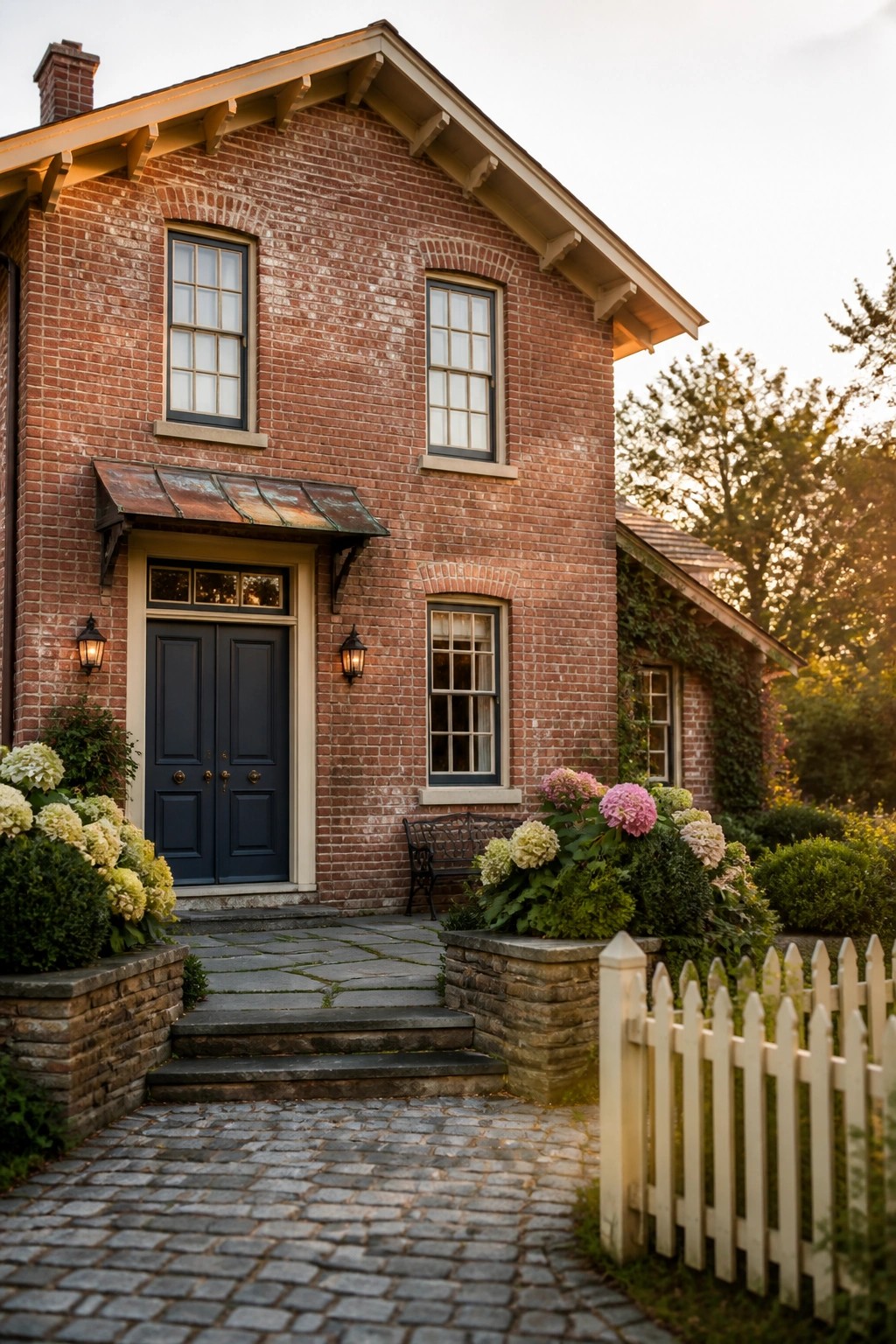 A two-story red brick house with a dark navy double front door, white trim, and a small rusted metal awning above the entrance.