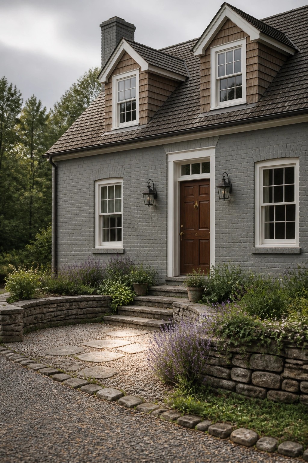 Gray brick house with brown door, white windows, stone steps, and garden path.