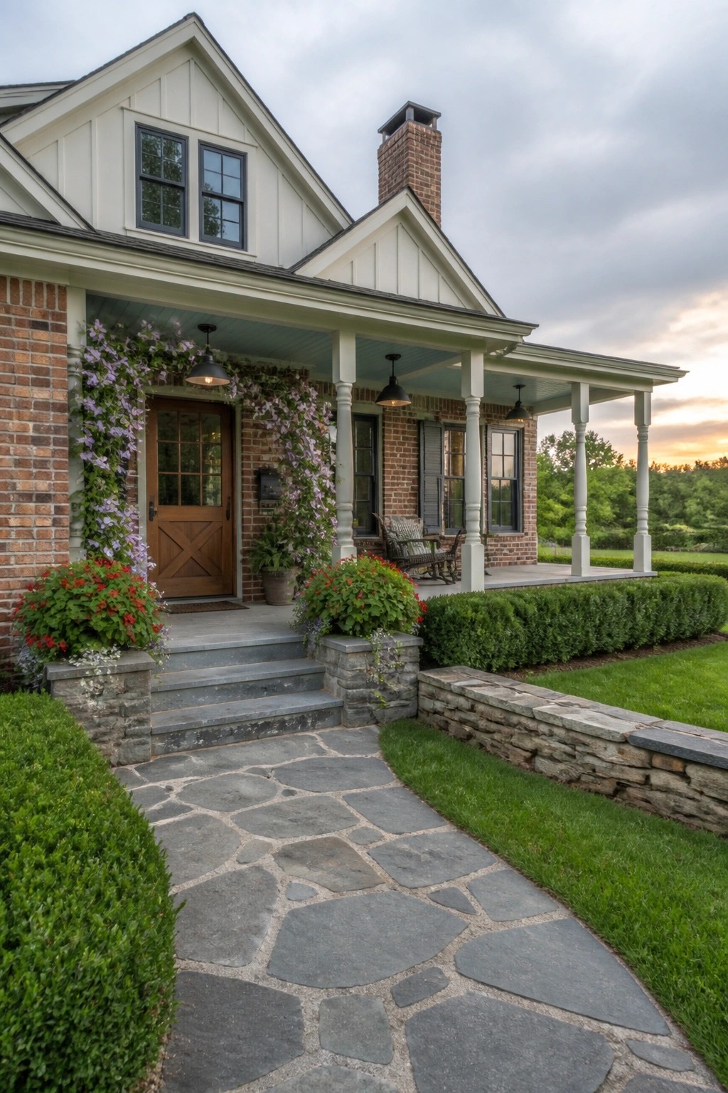 A two-story brick farmhouse with white trim, a covered front porch supported by white columns, stone steps, and a flagstone walkway.