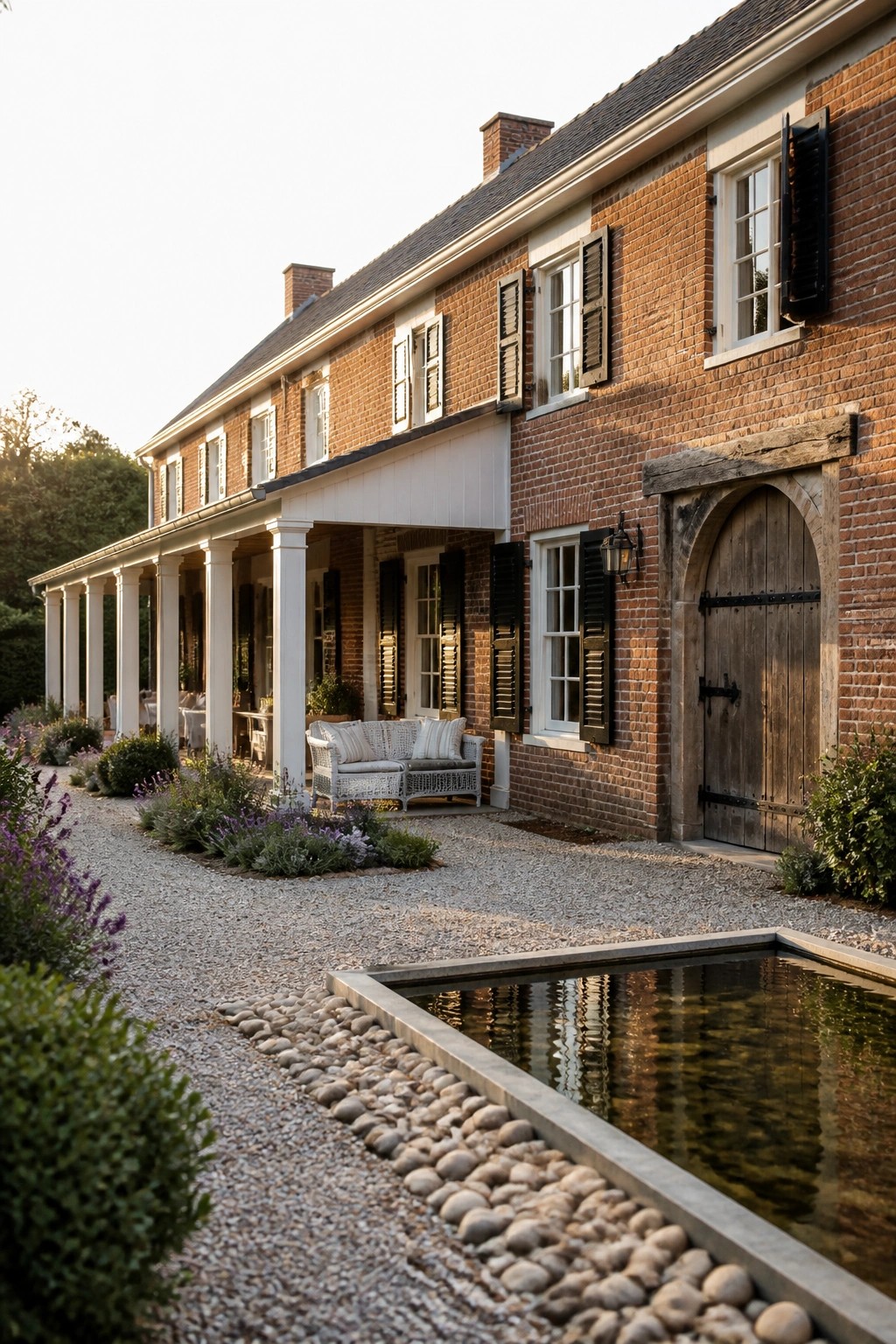 A long brick farmhouse exterior with white columns supporting a covered porch, black shutters on the windows, and a gravel path beside a rectangular pond.