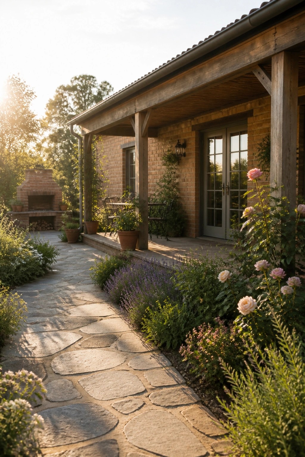 Stone path winds past roses and lavender to brick house porch with fireplace.