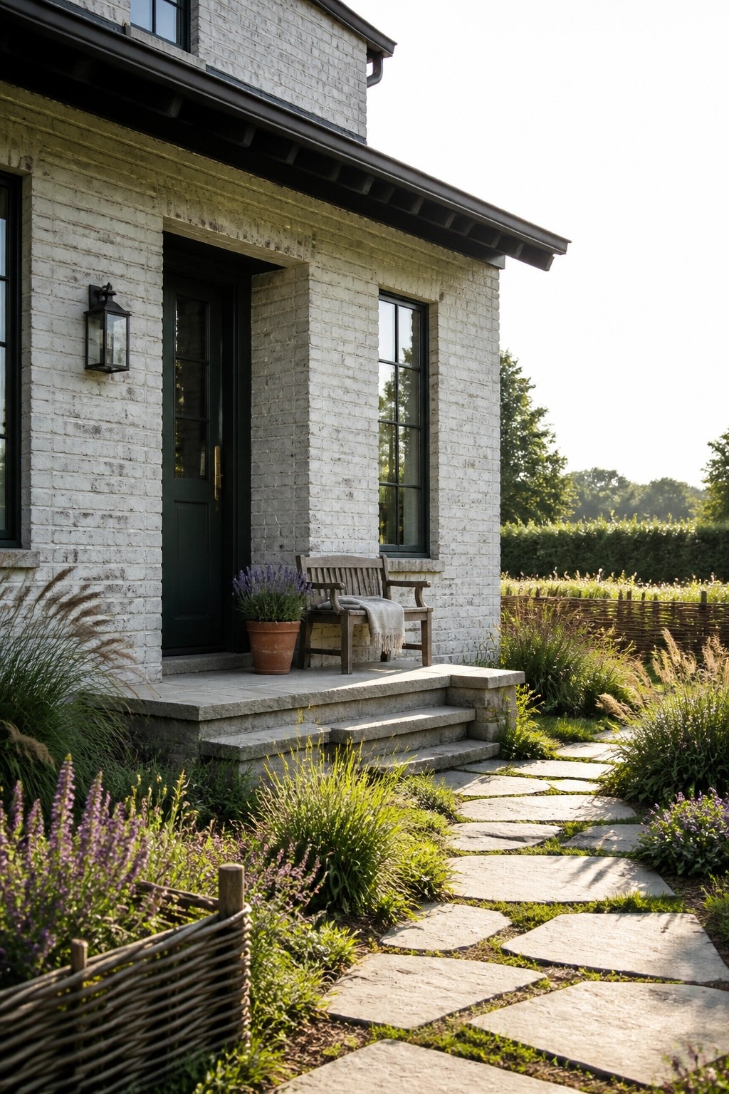 A white brick house with a dark front door, stone steps, and an irregular stone pathway leading through garden beds.