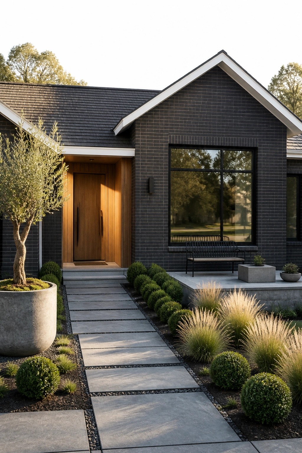 A dark brick house exterior with a wooden front door, large black-framed windows, and a concrete paver walkway bordered by shrubs and grasses.
