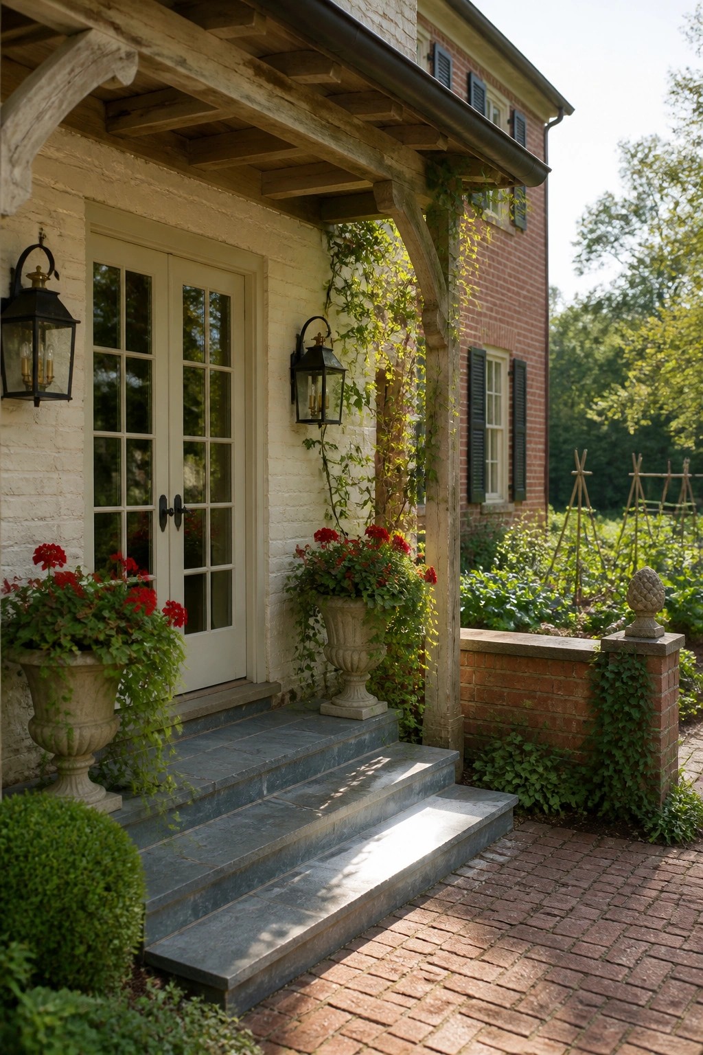 A brick farmhouse with a white painted section around double front doors, a wooden porch overhang supported by brackets, stone steps, and large planters holding red flowers.