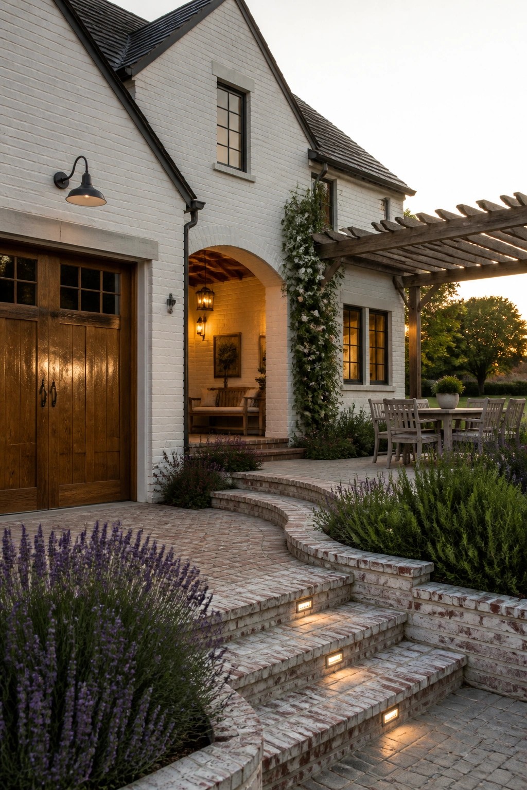 A white brick house exterior with an arched entry, wooden garage door, brick steps with lights, and an adjacent patio with a wooden pergola.