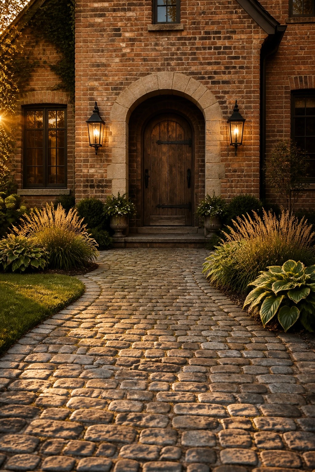 Cobblestone path to arched wooden door on brick house with glowing lanterns