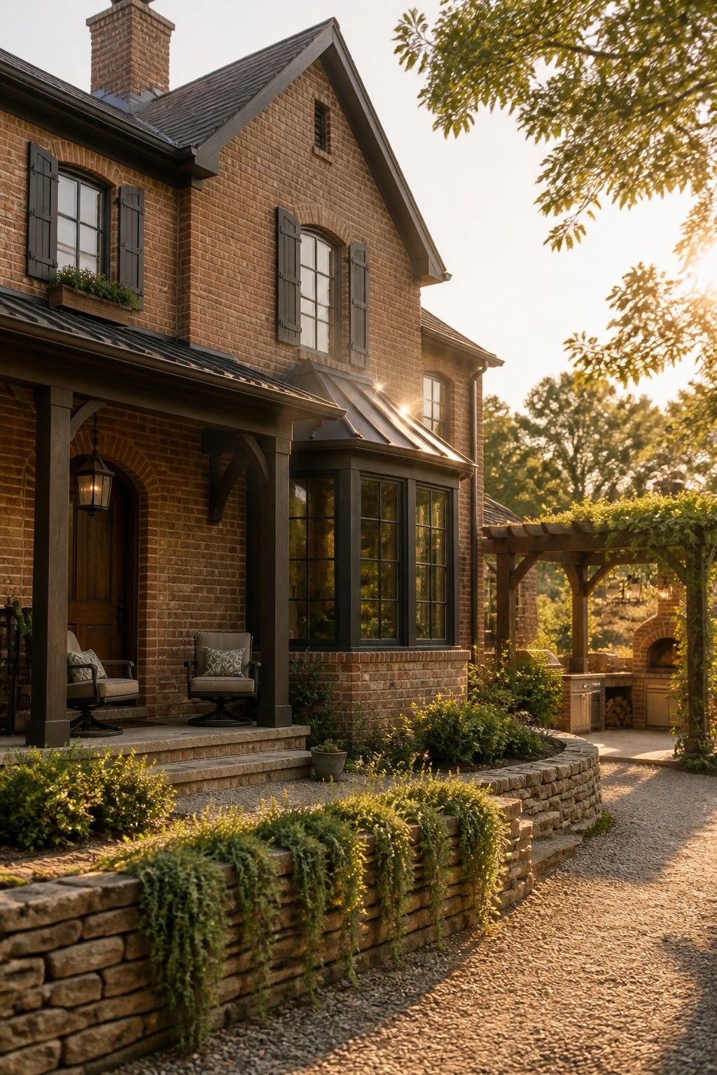 Brick house porch with chairs, bay window, stone wall, pergola, and outdoor kitchen at sunset.