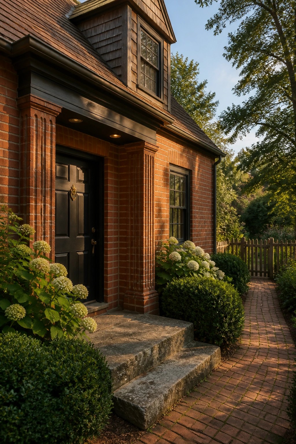 Red brick house with black door, stone steps, white flowers, and brick path