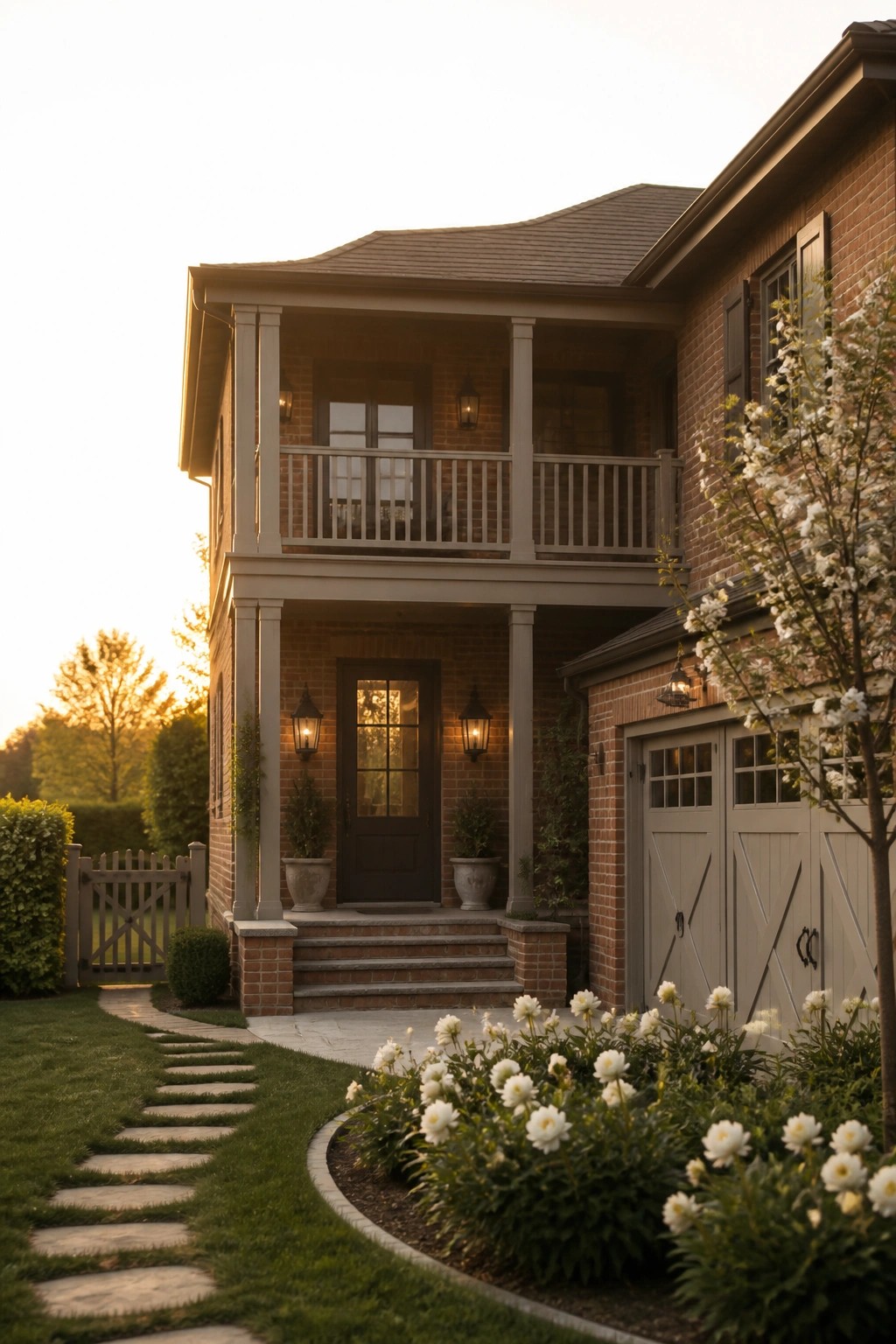 Front view of a two-story brick house with a dark centered door, brick steps, lanterns, and an upper porch balcony.