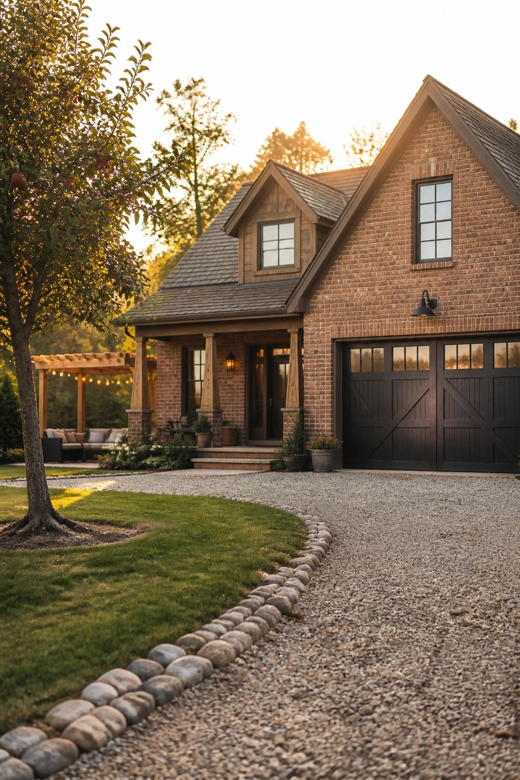 A brick farmhouse exterior with dark garage doors, a covered porch, gravel driveway, and lawn with stone edging.