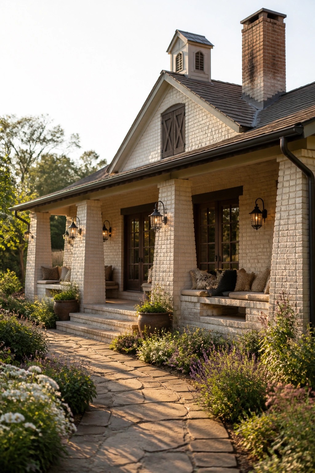 Rustic brick cottage with lantern-lit porch, stone path, and blooming gardens.