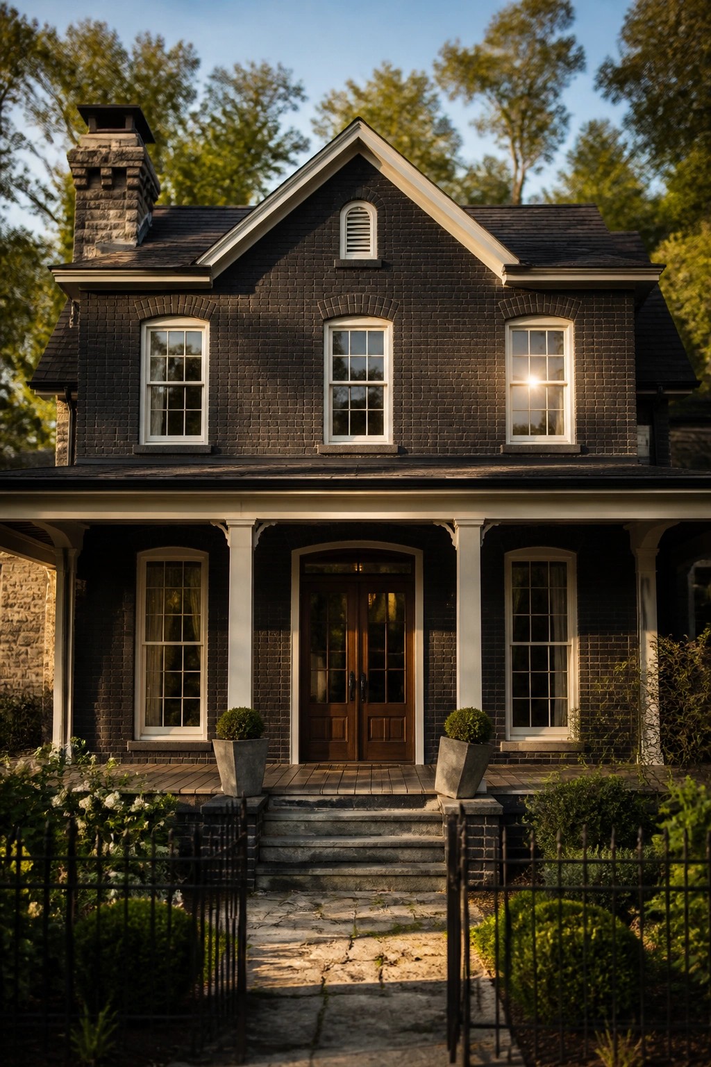 Front view of a two-story dark brick house with white window trim, a covered porch supported by white columns, a central double door, and a stone path leading to steps.
