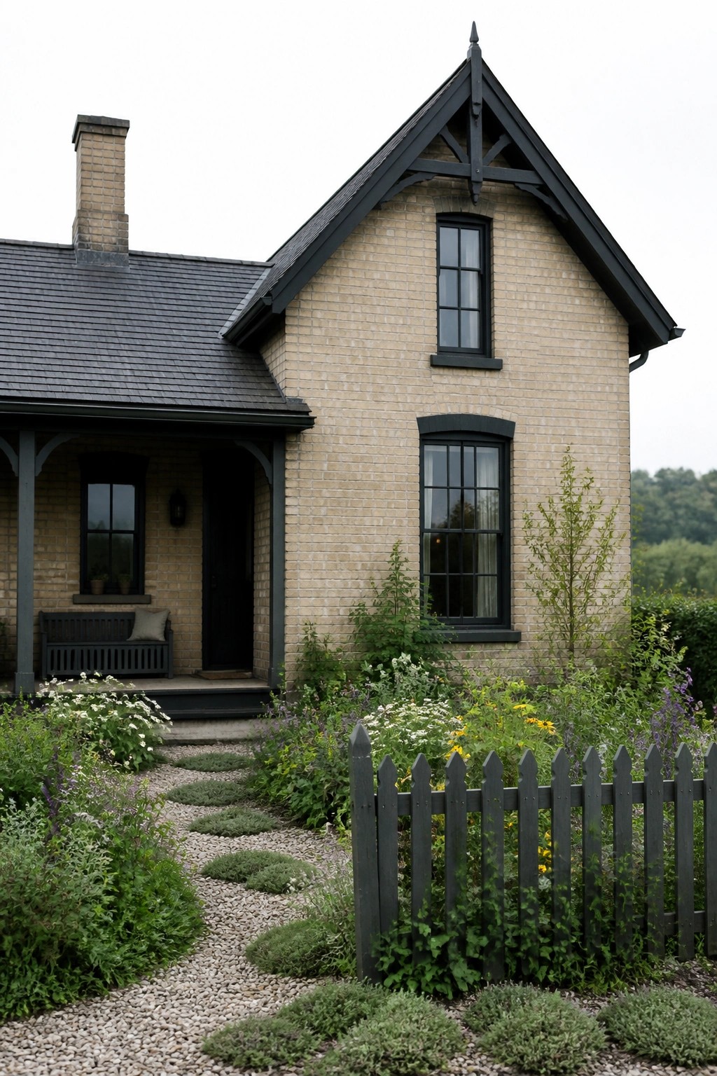 Beige brick house with dark trim, flower garden, gravel path, and picket fence.