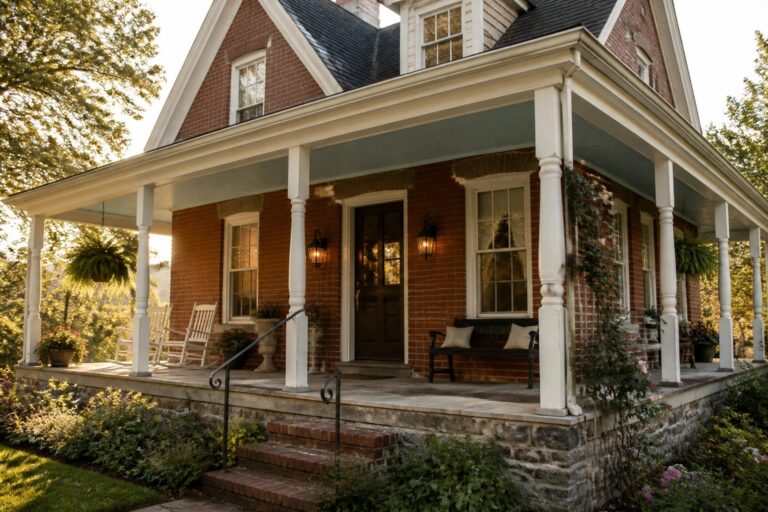 18 Traditional Brick Farmhouse Exterior Ideas for Enduring Country Style A red brick house with white porch columns, trim, and steps leading to a wooden front door.