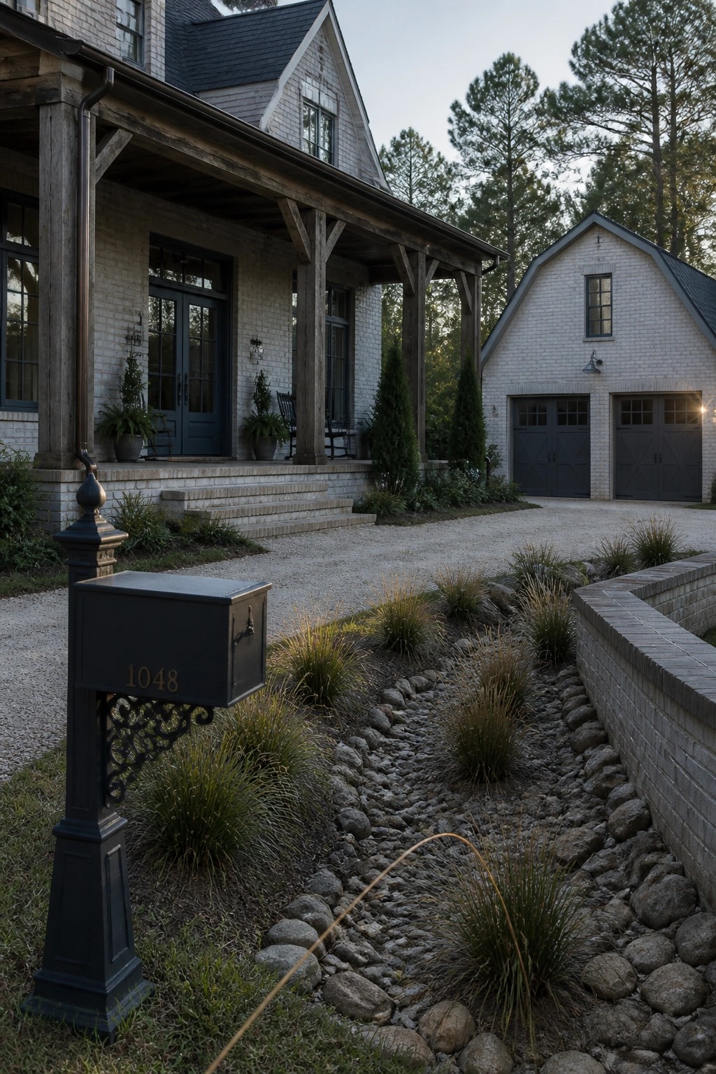 A white brick farmhouse with dark-framed doors and windows, a wooden porch, gravel driveway, and a detached garage with dark doors.