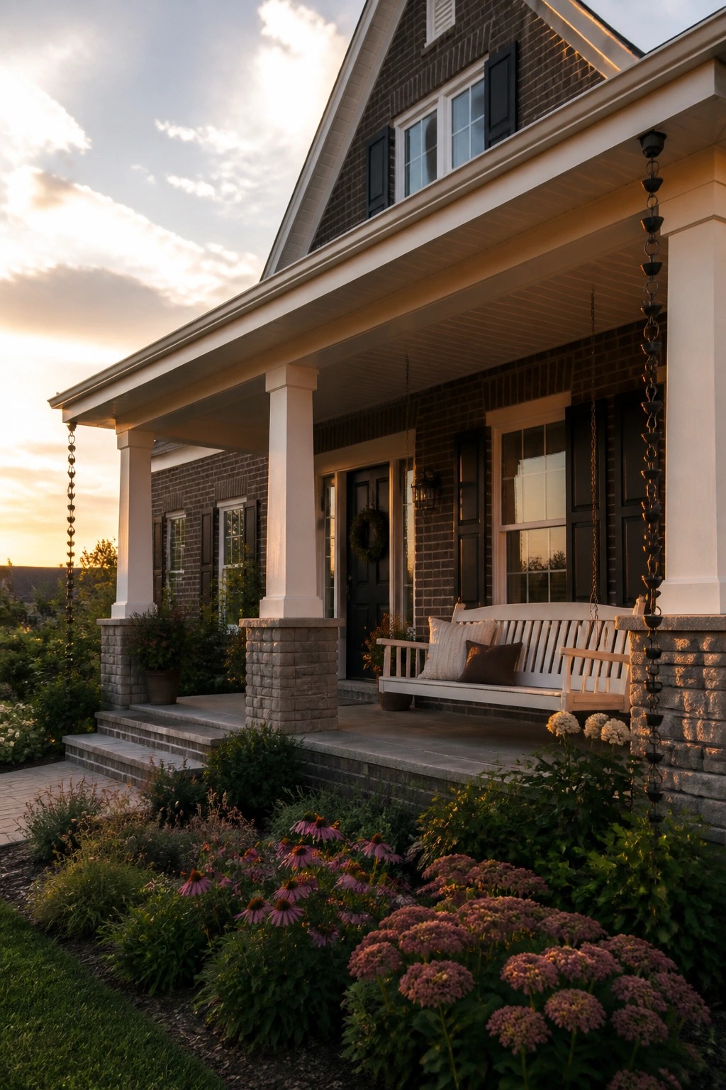 Front porch of a brick farmhouse with white columns resting on stone bases, black shutters, and a hanging bench at sunset.