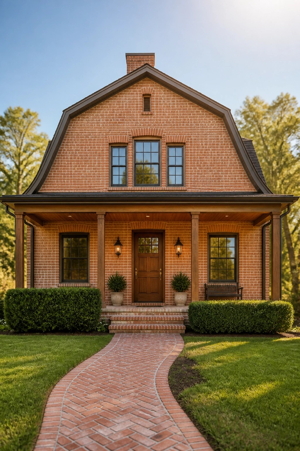 Red brick house with gambrel roof, porch, and curving brick pathway on lawn