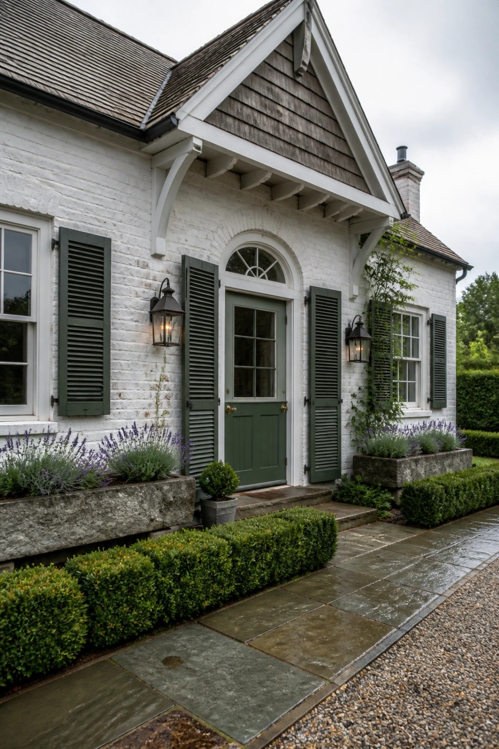 A white brick house exterior with green shutters and door, arched entry, stone planters, and a paved walkway.