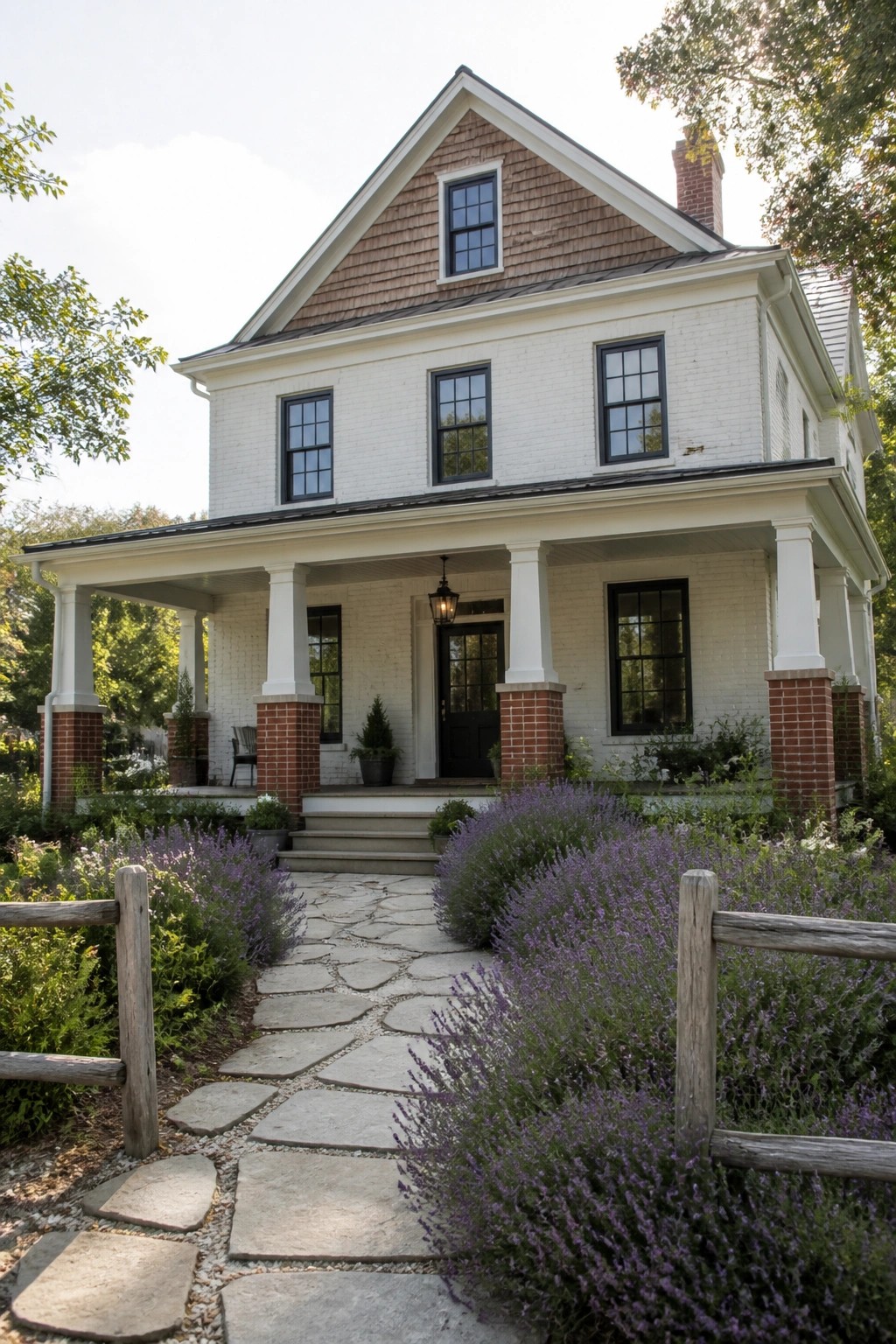 A two-story white brick farmhouse with a front porch, black-trimmed windows, and a stone path lined with purple flowering shrubs.