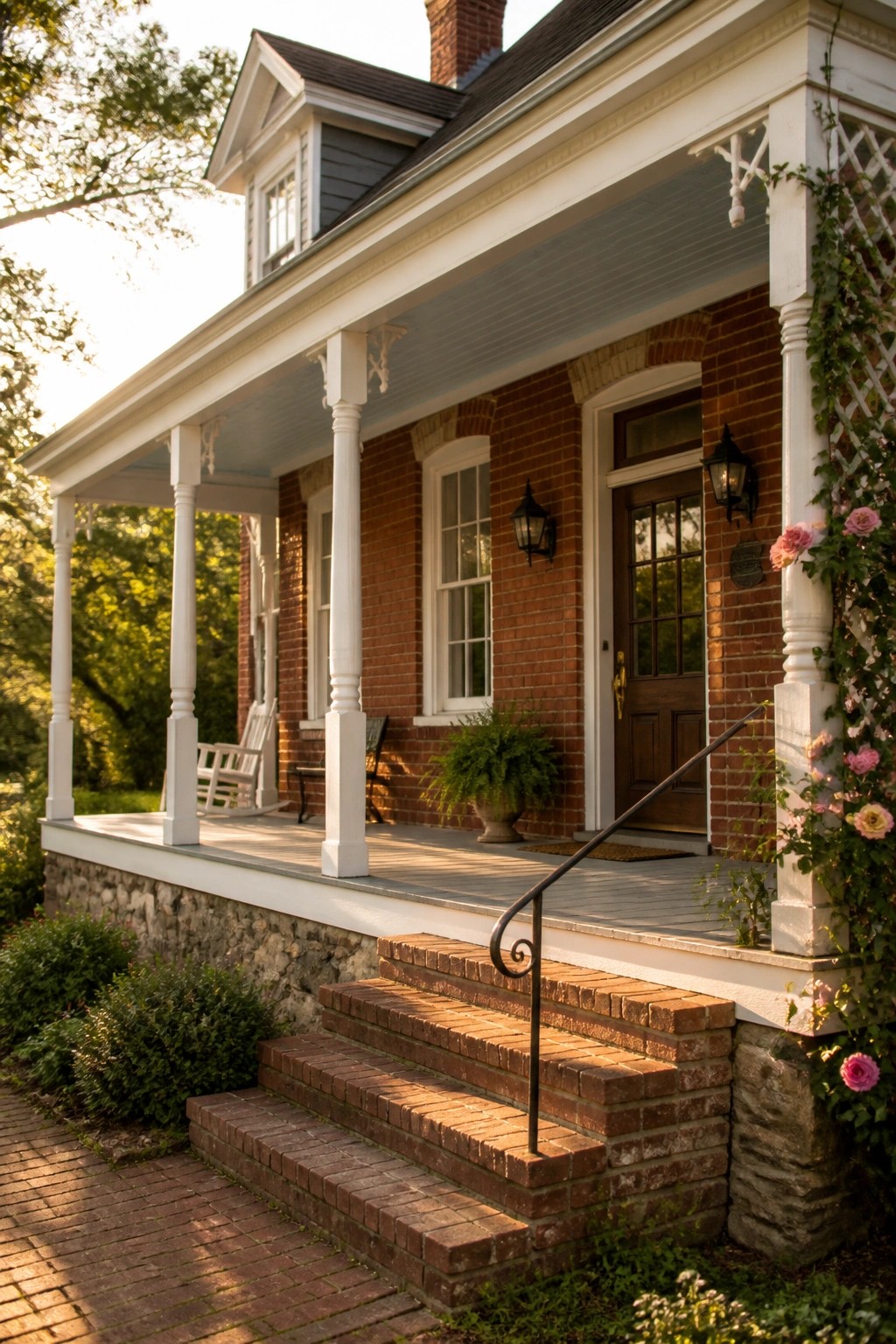 A red brick house with white porch columns, trim, and steps leading to a wooden front door.