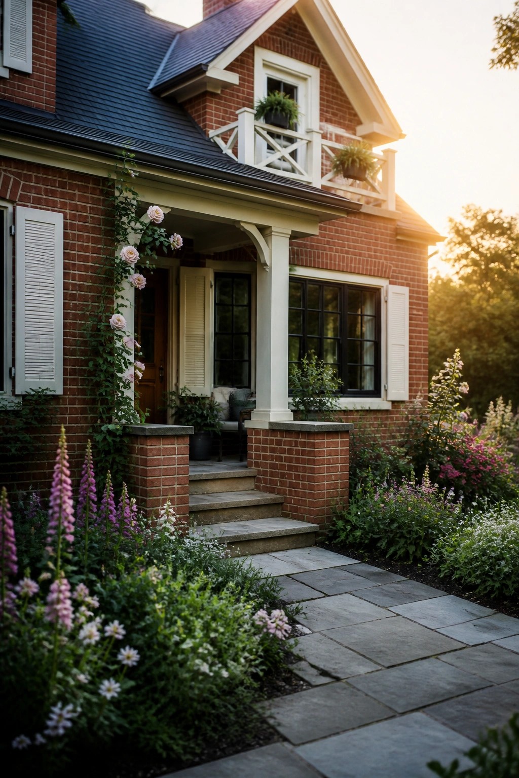 A red brick farmhouse exterior featuring a covered front porch with white columns, white shutters, and flower gardens along a stone pathway.
