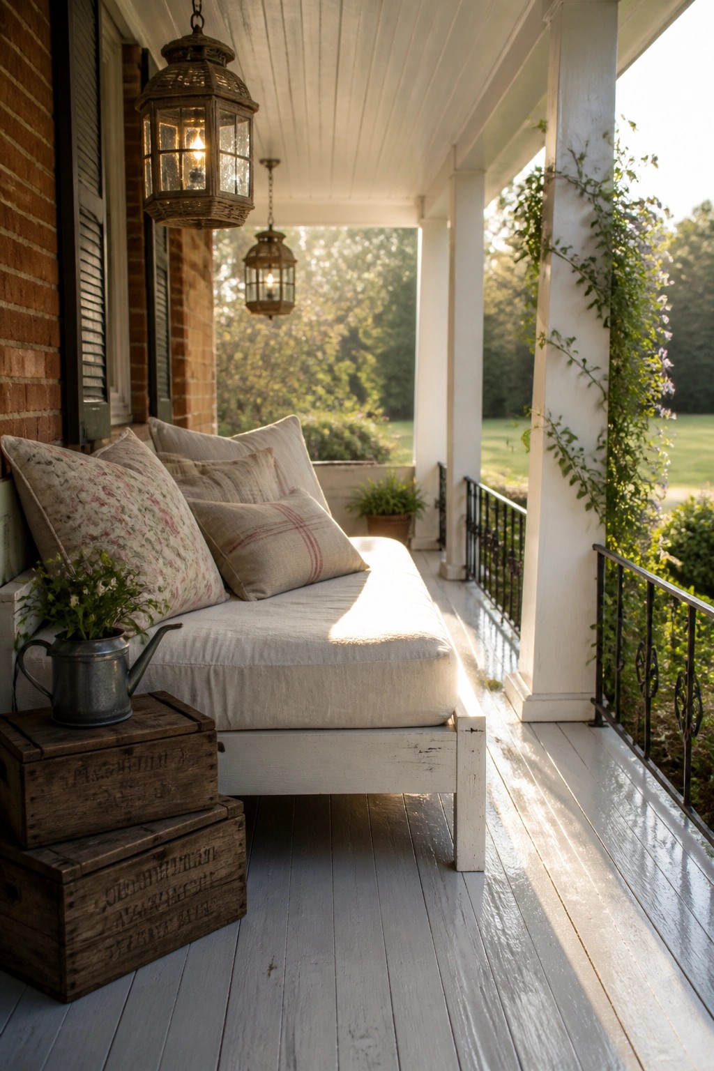 White daybed with pillows on sunny porch near lantern and wooden crates
