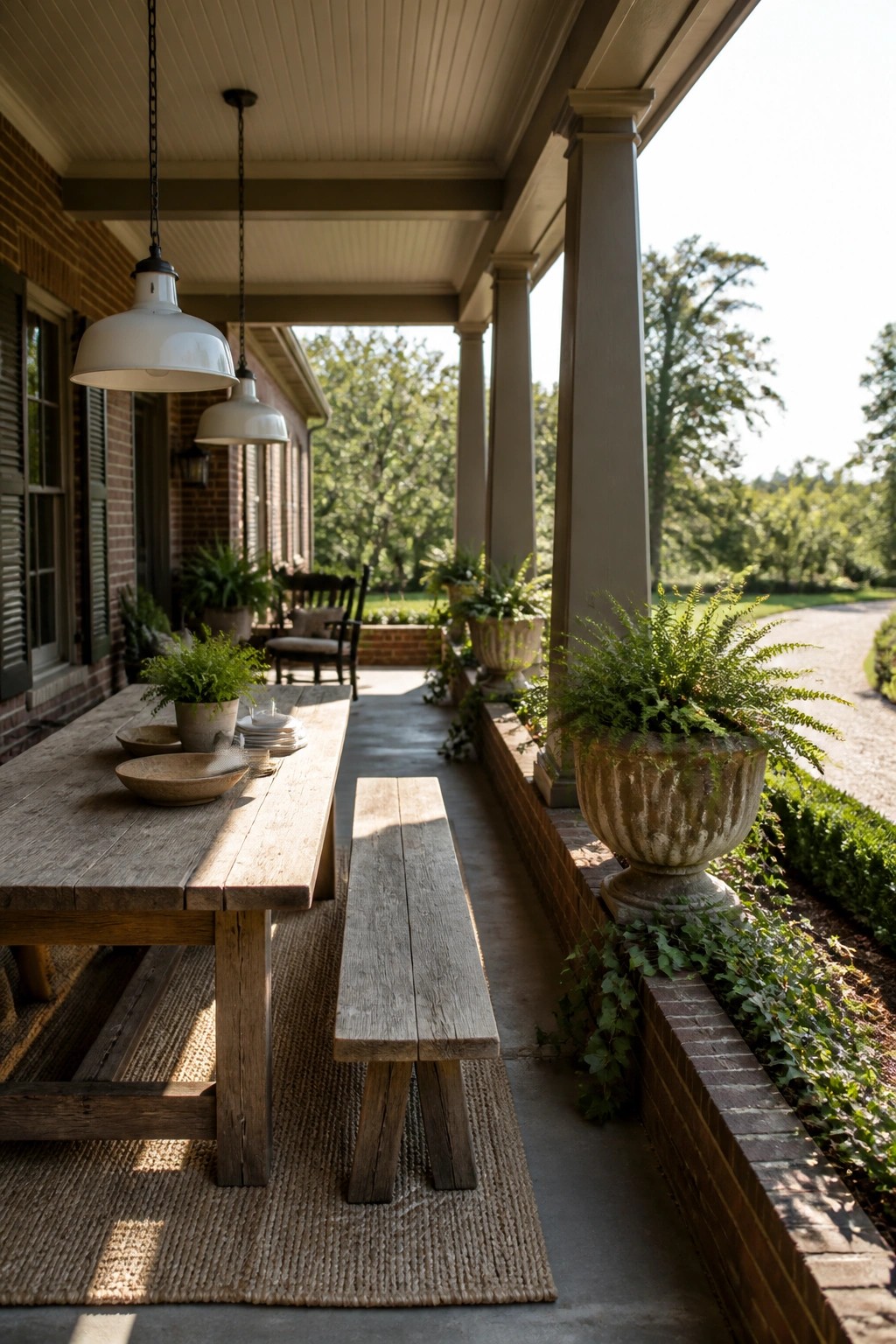 A long rustic wooden table with benches sits on a covered brick porch beside large potted ferns and hanging pendant lights.