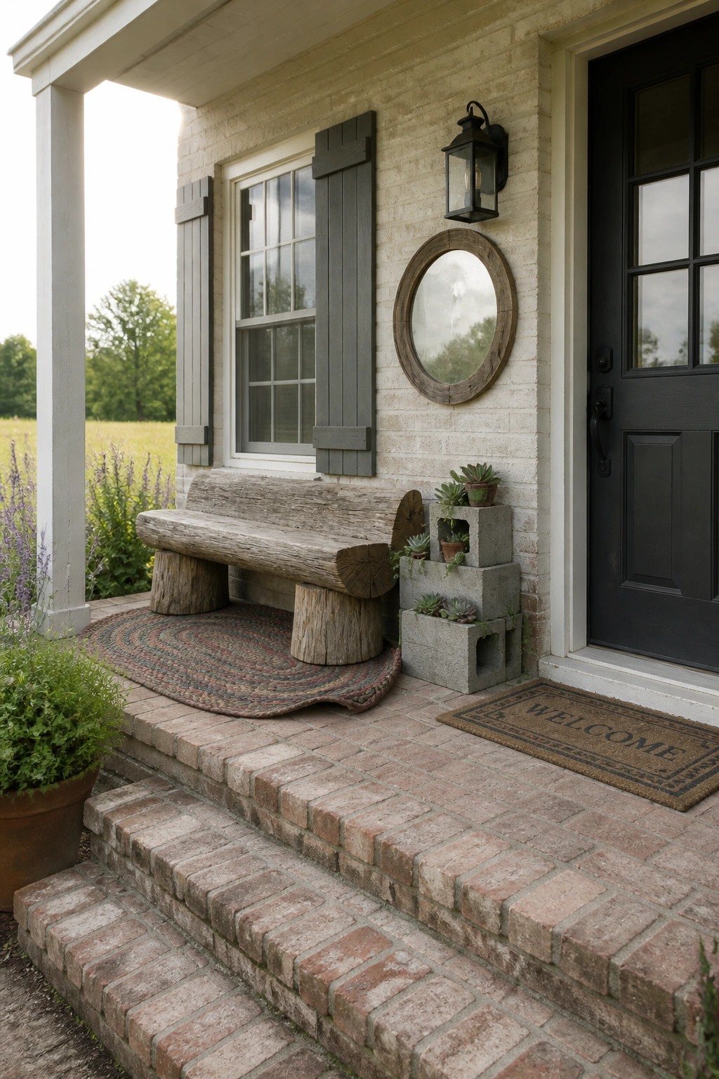 Rustic log bench on braided rug beside round mirror and succulent planters on porch