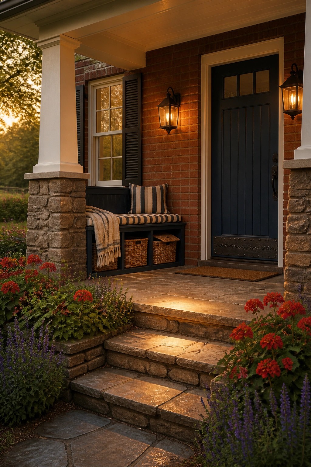 A brick farmhouse front porch featuring a navy door, stone steps, a built-in bench with striped cushion and woven storage baskets underneath, flanked by red flowers and lanterns.