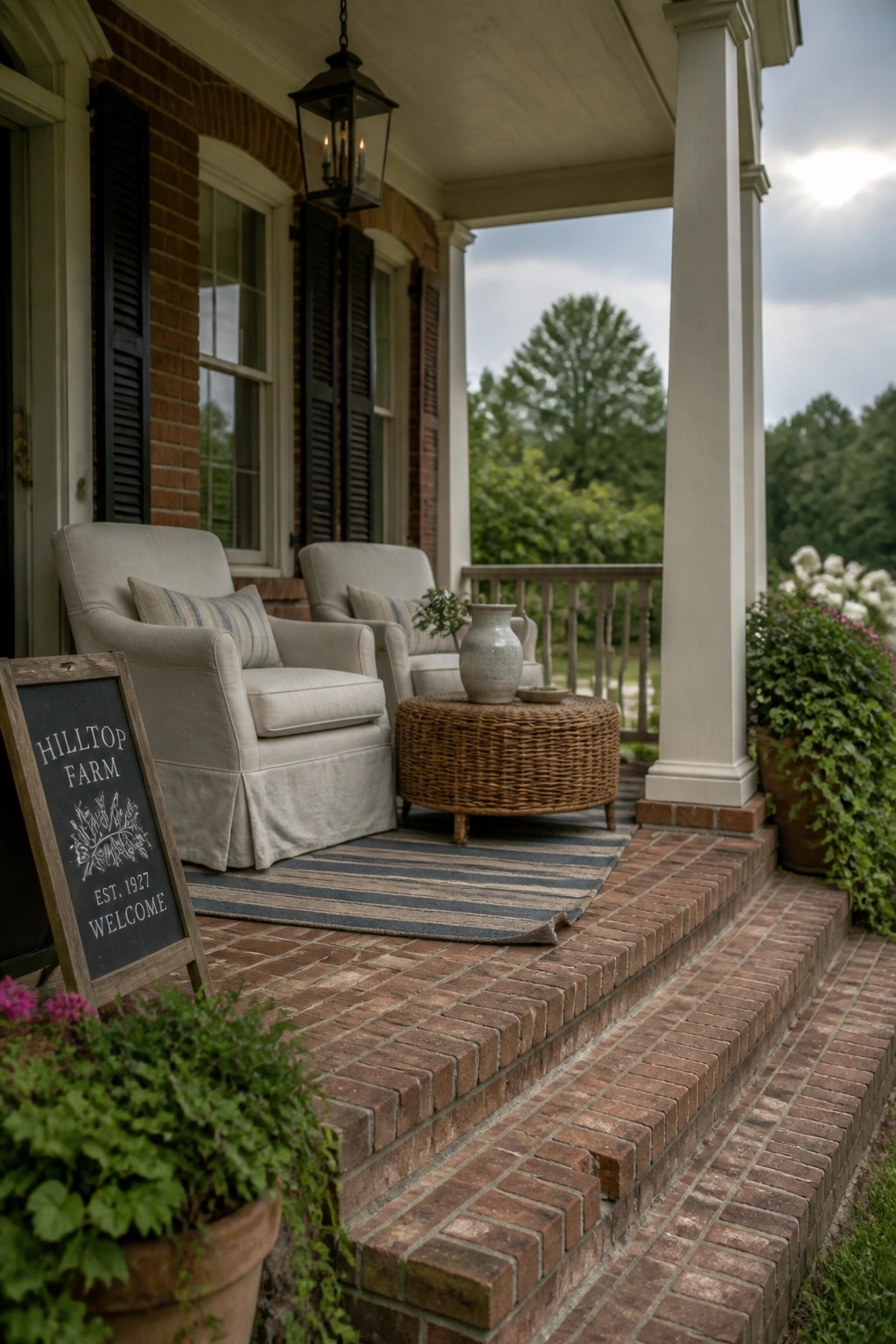 A brick farmhouse porch with two light-colored armchairs, a round wicker table, a striped rug on the steps, and a chalkboard sign in the foreground reading 