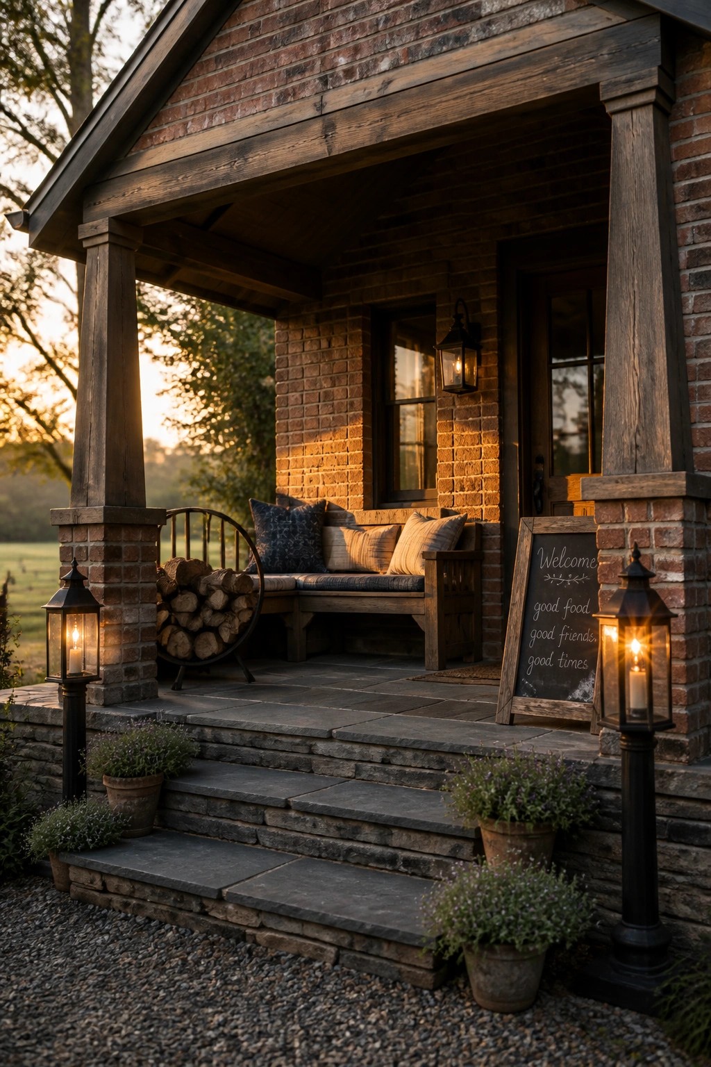 A brick farmhouse front porch with a wooden bench, round metal firewood rack, two black lanterns on posts, potted plants on the steps, and a chalkboard sign.