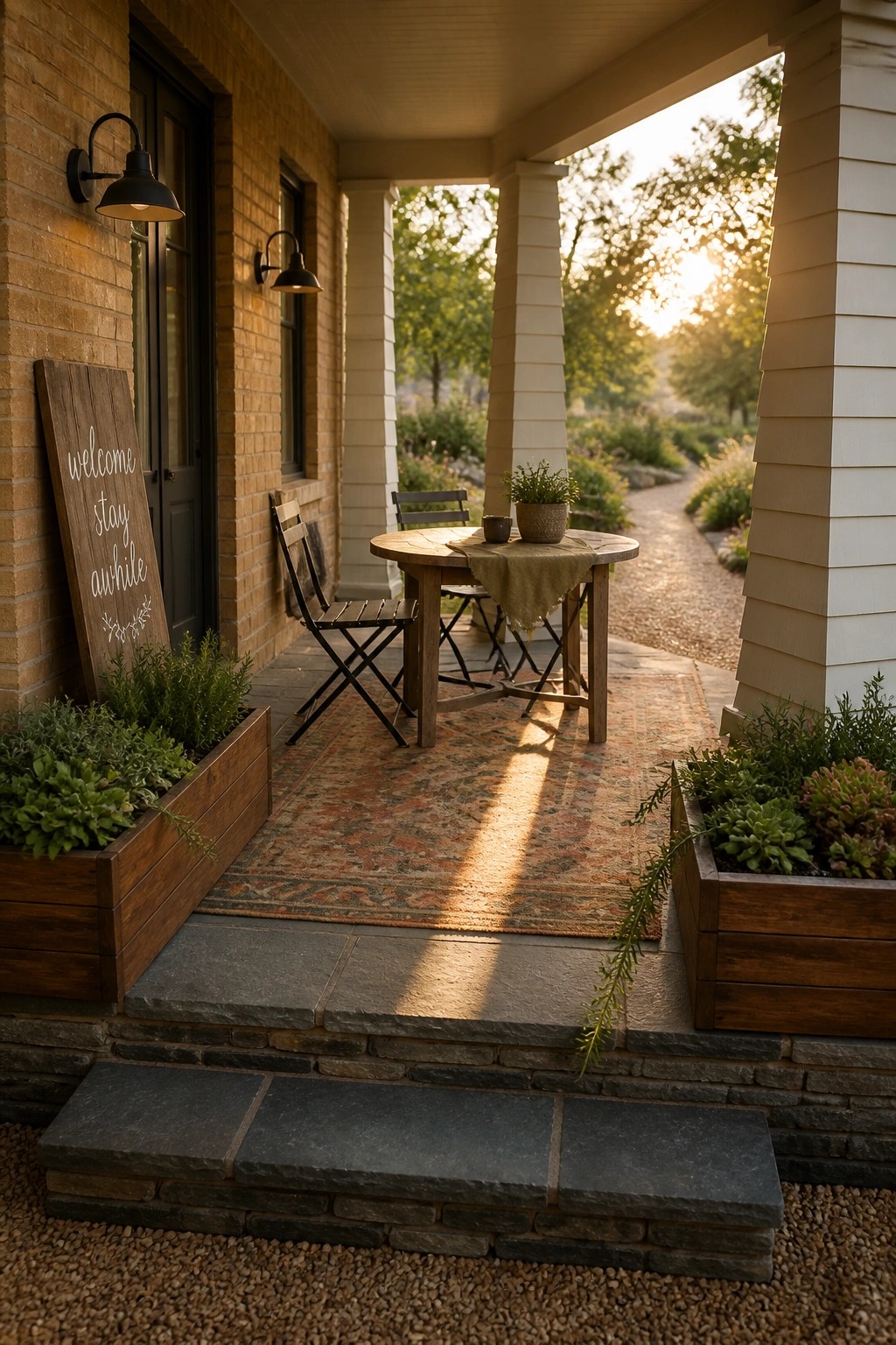 A brick house front porch featuring a round wooden table and chairs placed on a large patterned rug, with wooden planters on either side and a welcome sign leaning against the wall.