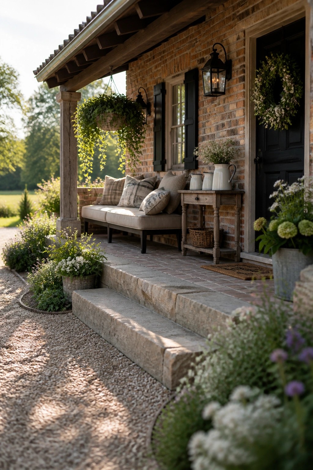 A brick house front porch featuring a long cushioned bench against the wall, a wooden side table with white pitchers, hanging plants, black shutters, and stone steps.