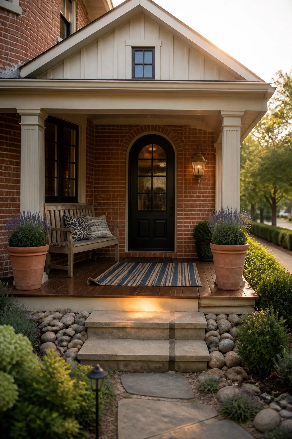 Front view of a brick farmhouse porch with a centered black arched door, white columns, wooden bench, two large terracotta pots with lavender, striped rug, and stone steps.