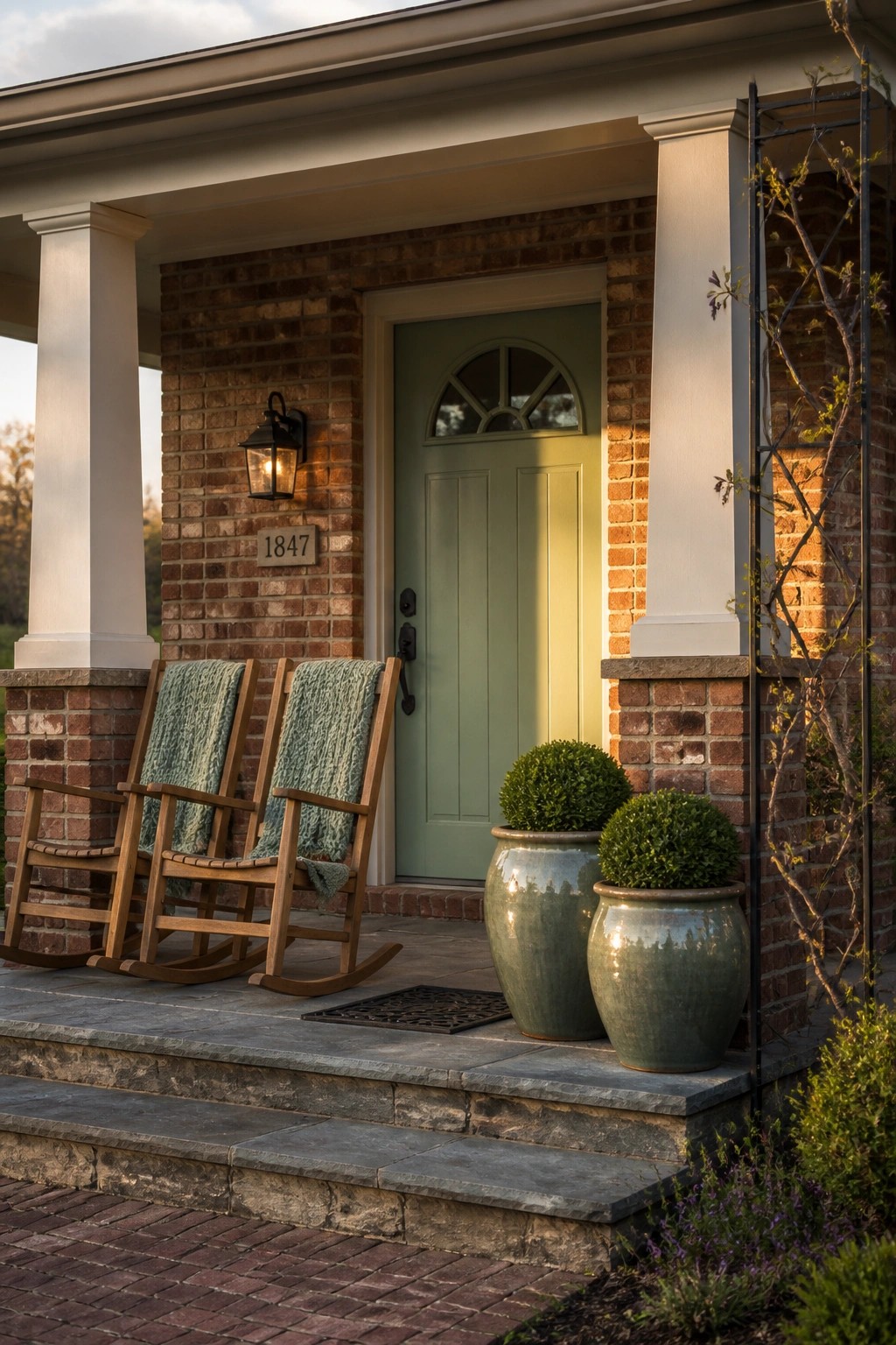Two rocking chairs with throws on brick porch beside green door and planters.