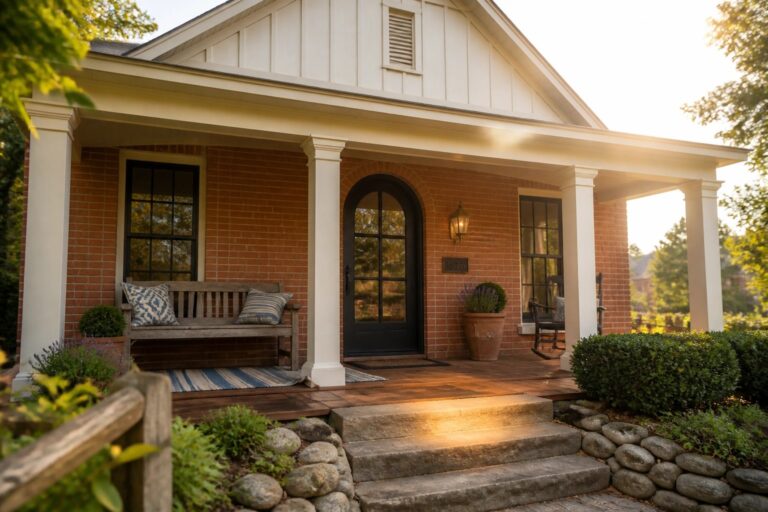 Front view of a brick farmhouse porch with a centered black arched door, white columns, wooden bench, two large terracotta pots with lavender, striped rug, and stone steps.