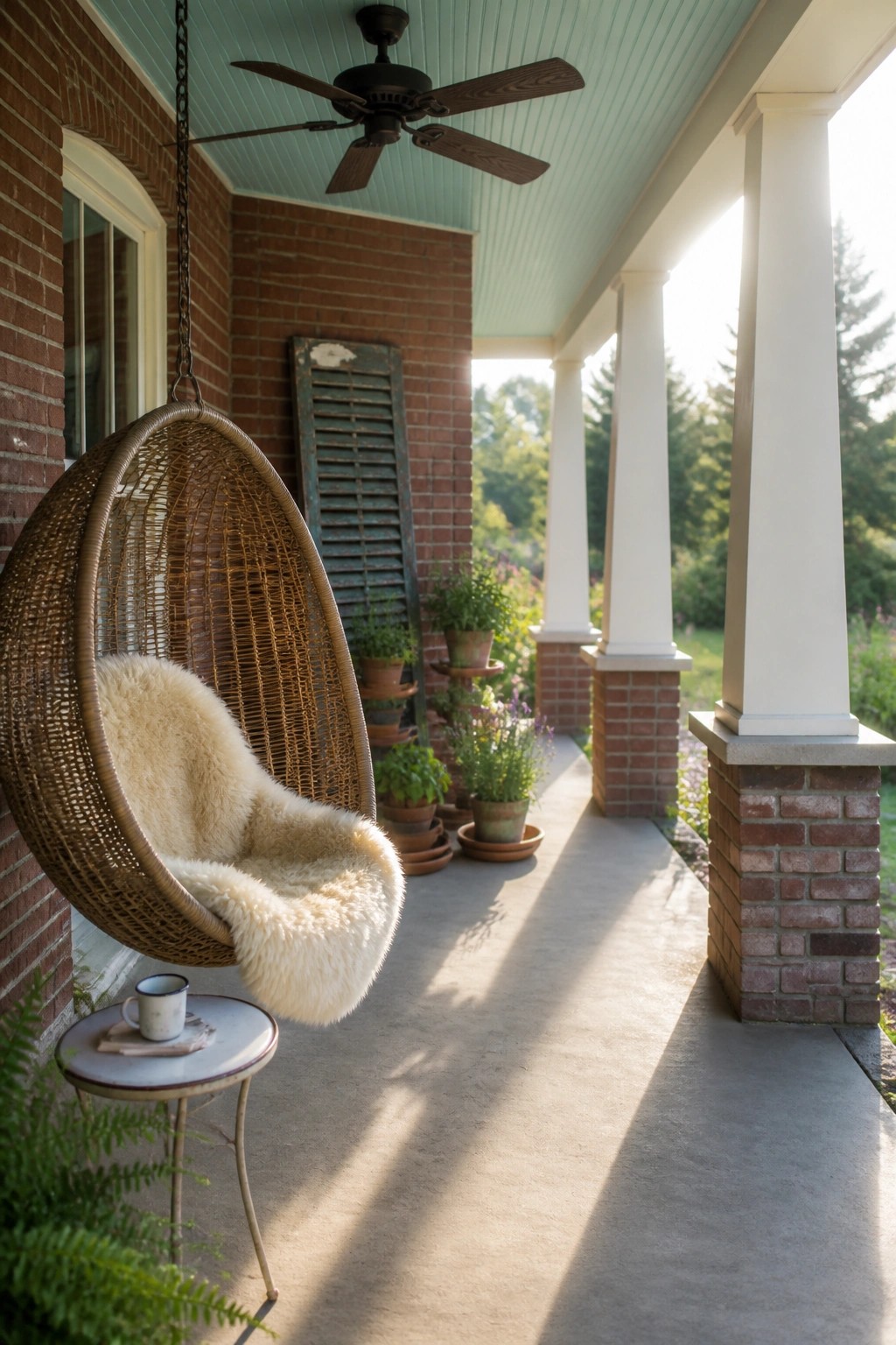 A hanging wicker egg chair with a sheepskin throw on a brick farmhouse porch next to a small table and potted plants.