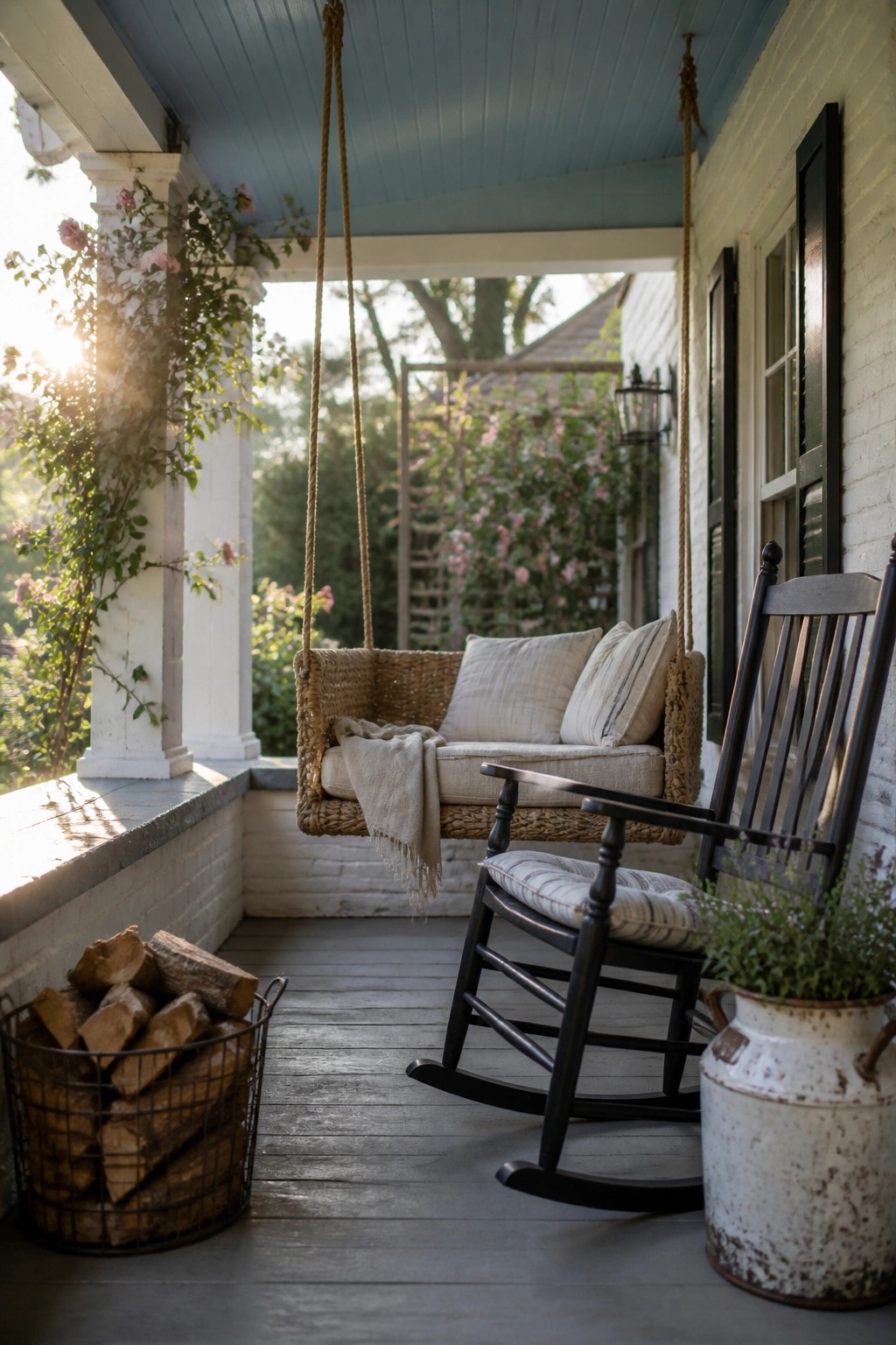 A front porch with a hanging woven swing holding pillows and a throw, a black rocking chair, a wire basket of firewood, and a weathered metal pot with greenery.