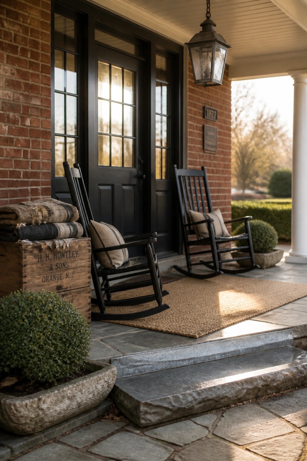 A brick farmhouse porch with two black rocking chairs on a woven rug, stone steps, and a black front door.