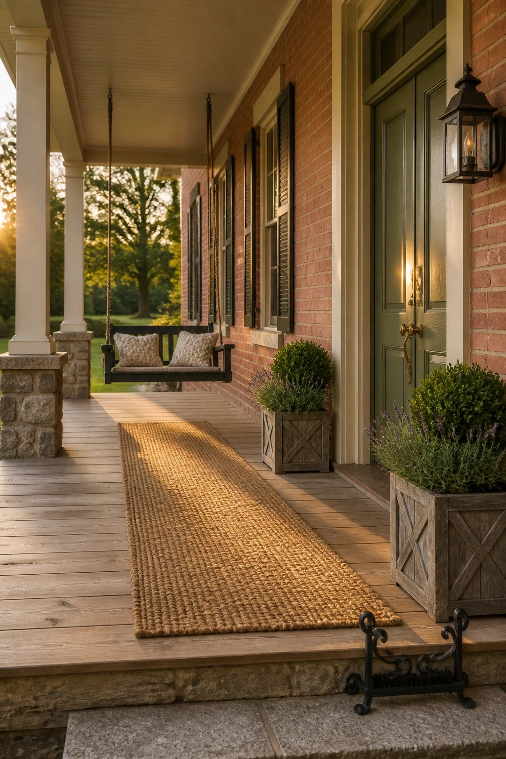 A wooden front porch on a brick house features a long woven jute runner, a hanging swing with pillows, and wooden planters beside a green door.