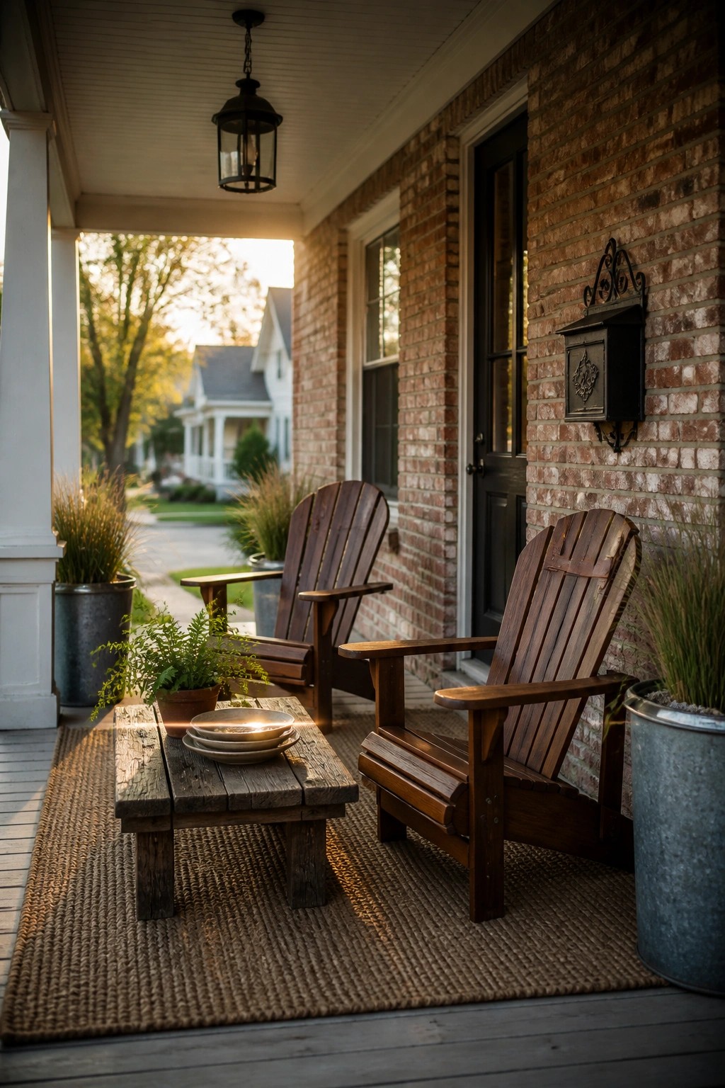 Front porch of a brick house with two wooden Adirondack chairs, a low rustic table on a woven rug, potted plants, and a black lantern hanging from the ceiling.