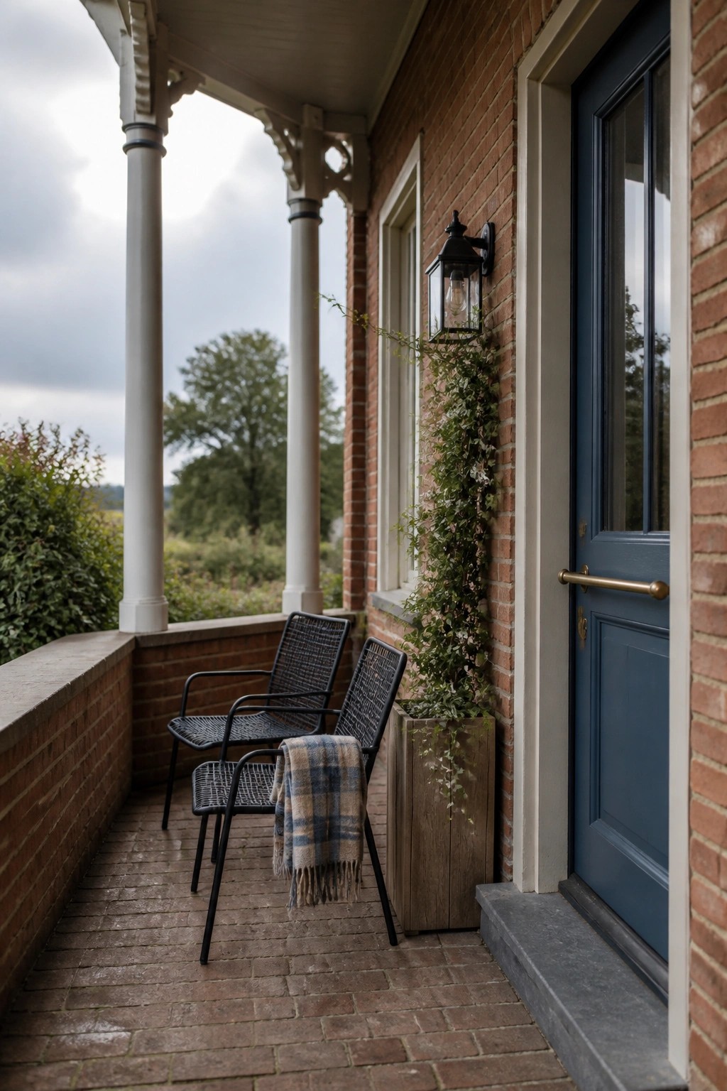 A brick farmhouse porch with two black woven chairs, one holding a plaid blanket, next to a blue door and a wooden planter with ivy.
