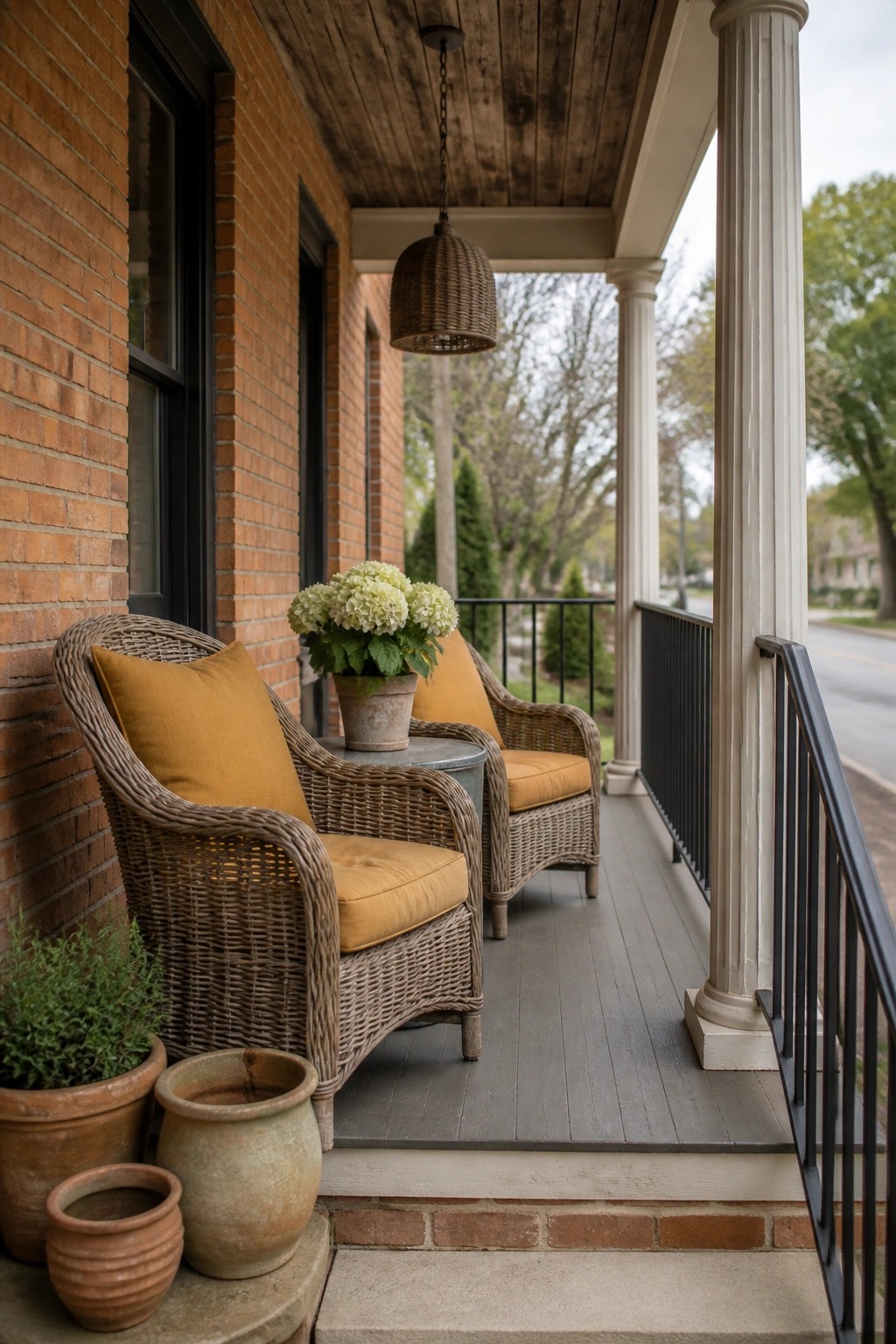 Two wicker armchairs with mustard yellow cushions sit on a gray wooden porch beside a brick house, with a small table holding a pot of white flowers and terracotta pots on the steps.